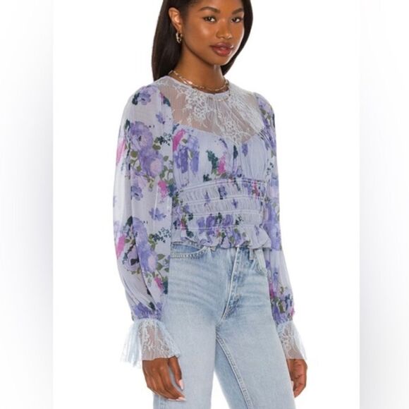 Free People | Daphne Blouse in Silver Blue Long Sleeve Lace Yoke & Cuff Size L - Picture 3 of 10